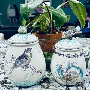 Decorative Ceramic Jars with Bird and Floral Design